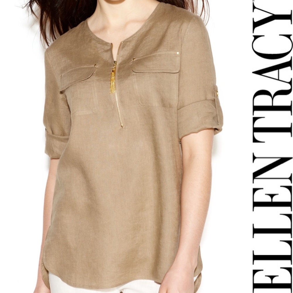 ELLEN TRACY Gray Roll-Sleeve Half Zip Front Top L